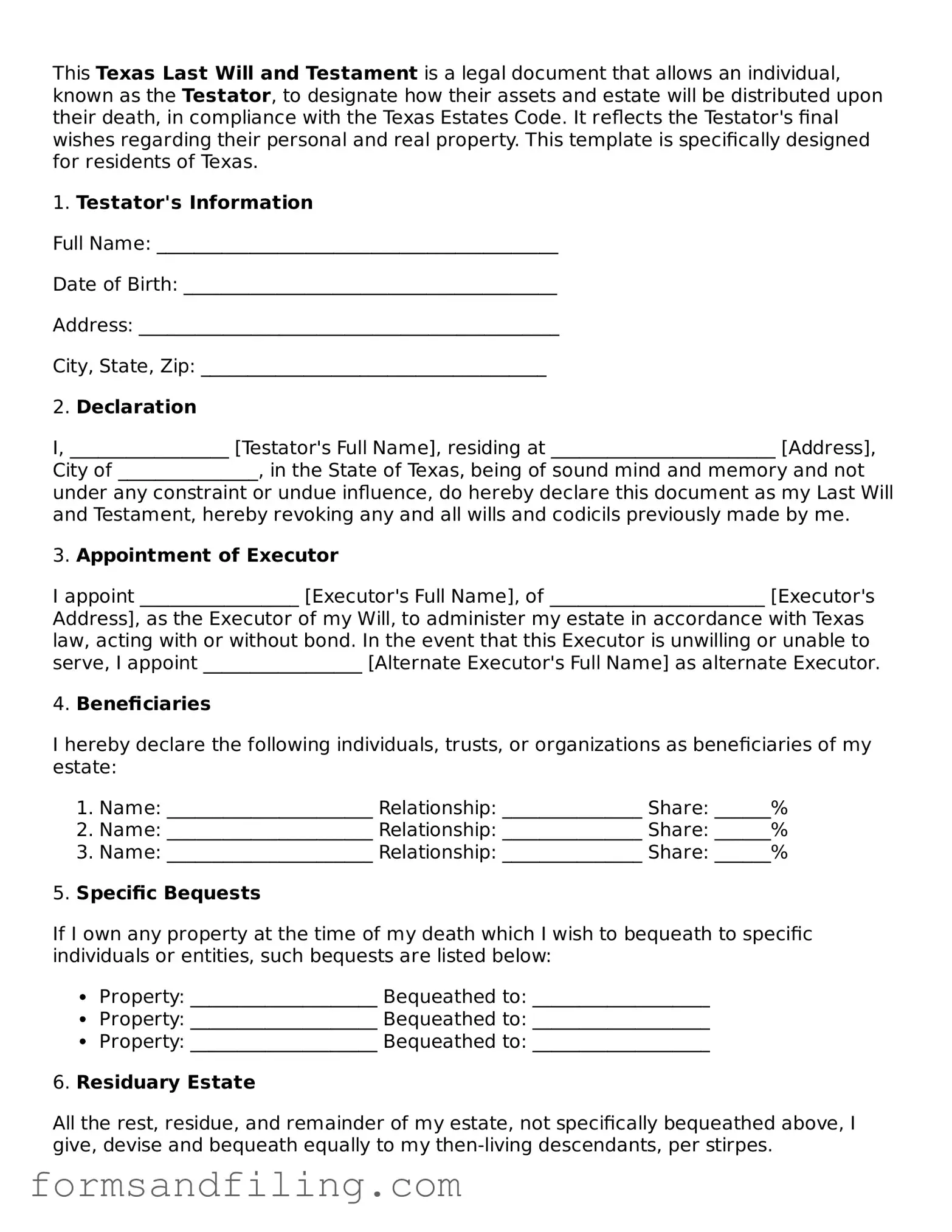 Free Texas Last Will and Testament Template