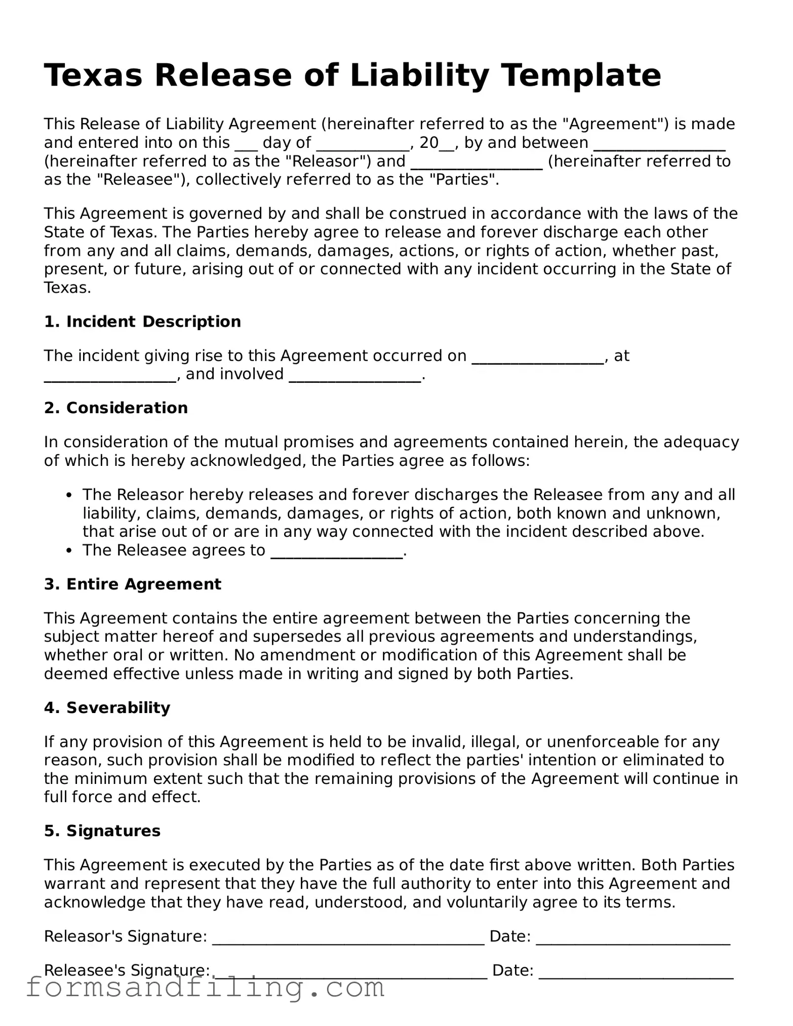 Free Texas Release of Liability Template