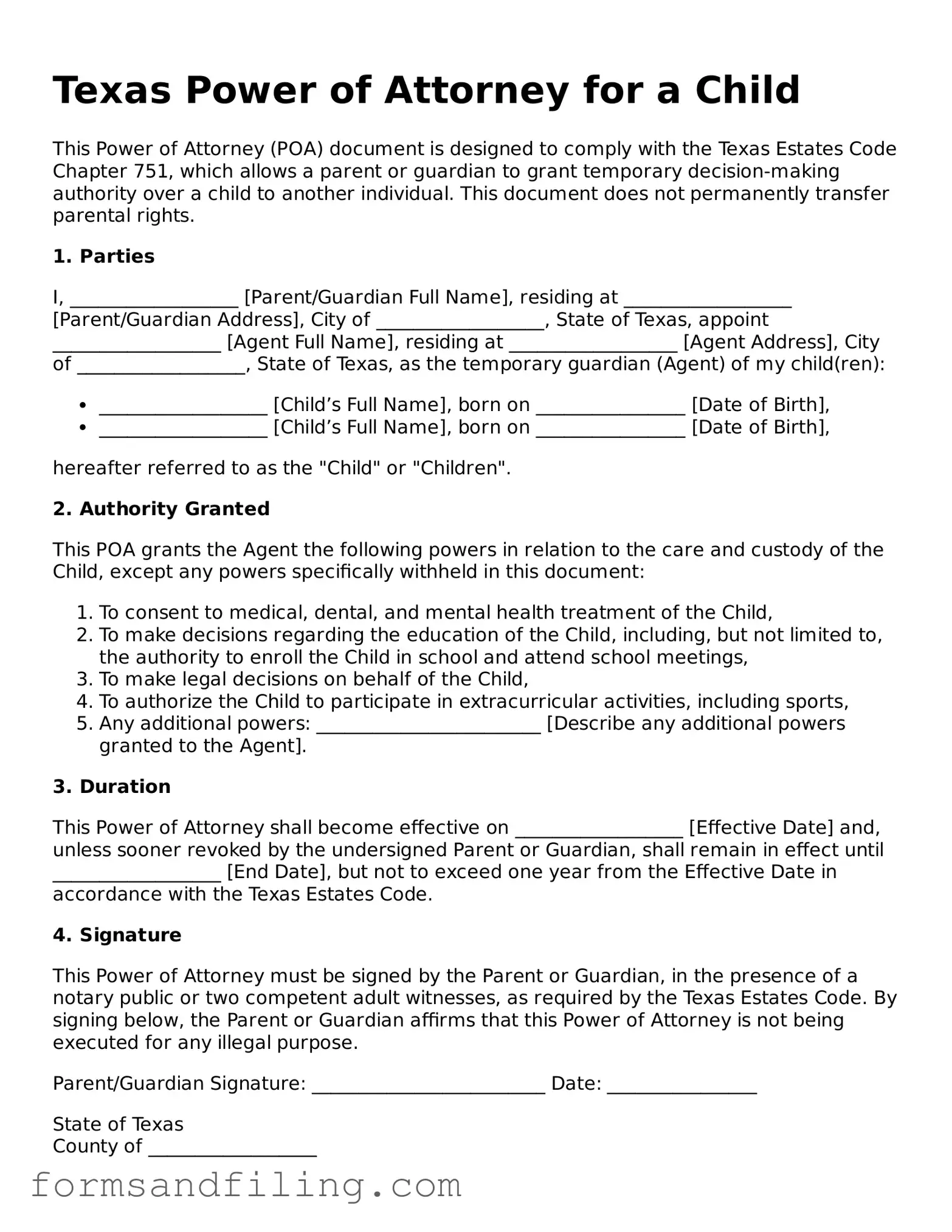 Free Texas Power of Attorney for a Child Template