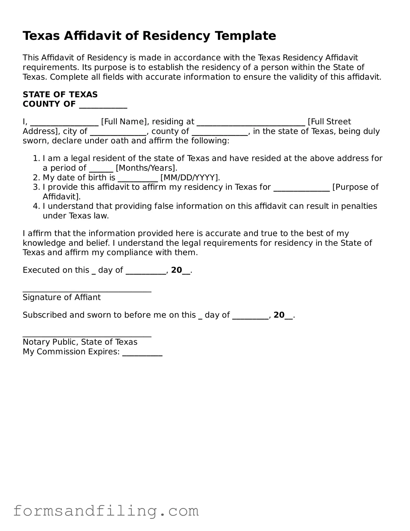 Free Texas Affidavit of Residency Template