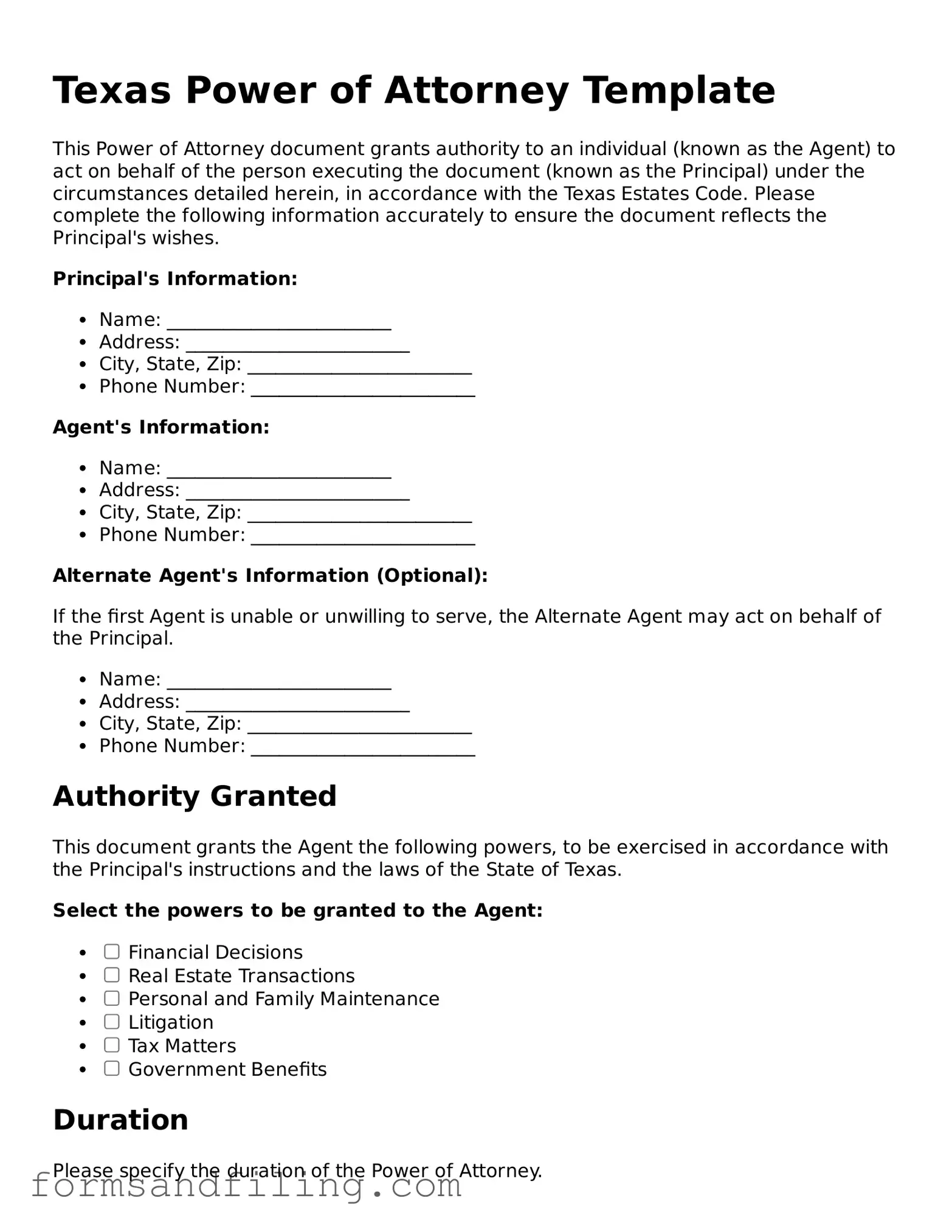 Free Texas Power of Attorney Template