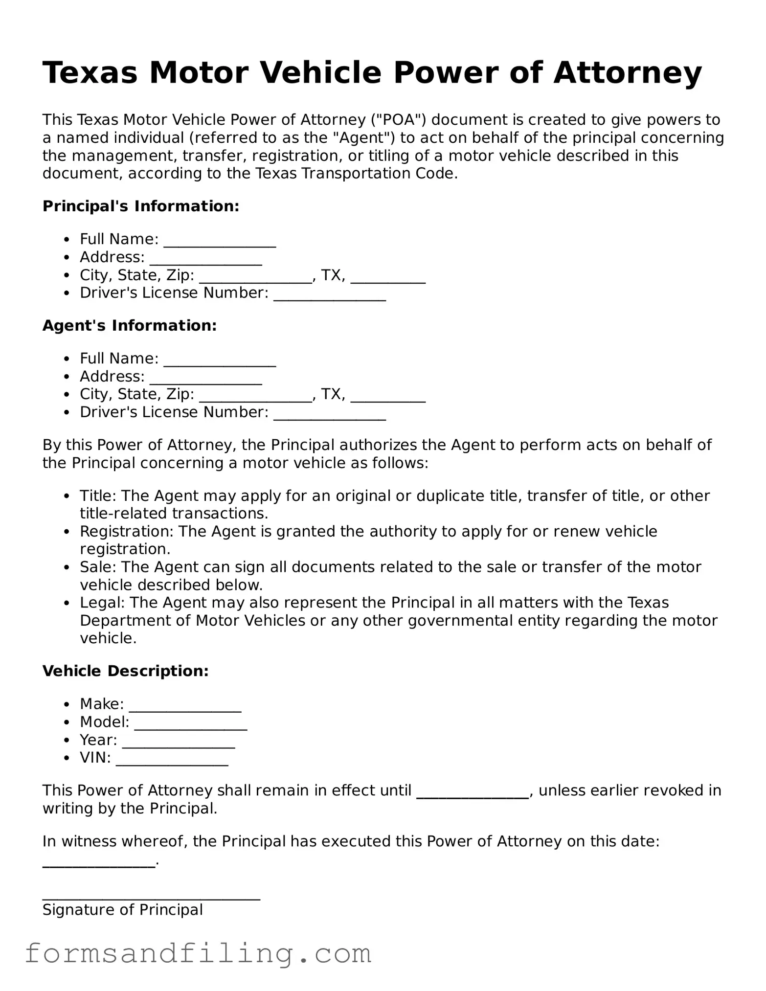 Free Texas Motor Vehicle Power of Attorney Template