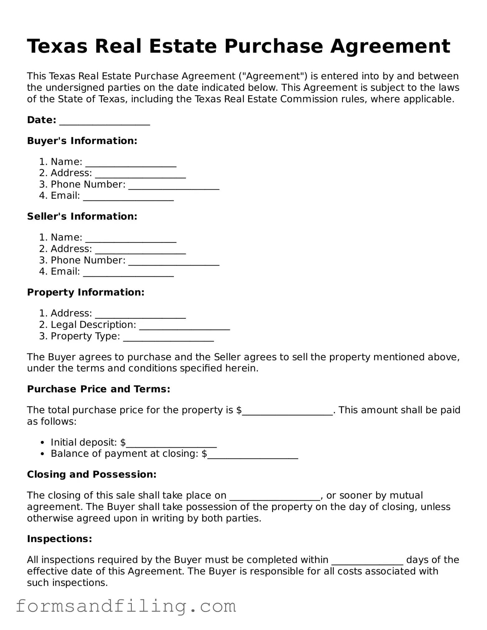 Free Texas Real Estate Purchase Agreement Template