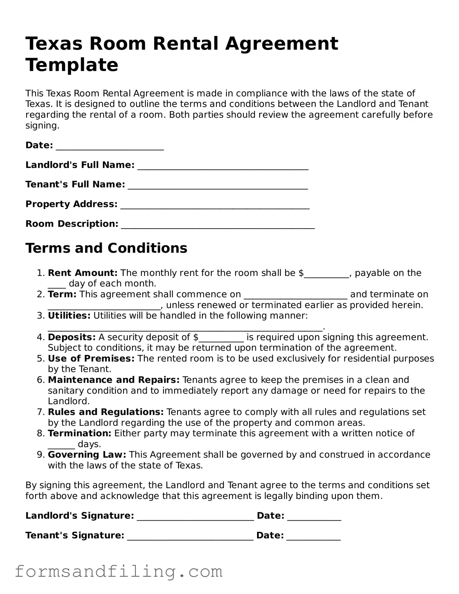 Free Texas Room Rental Agreement Template